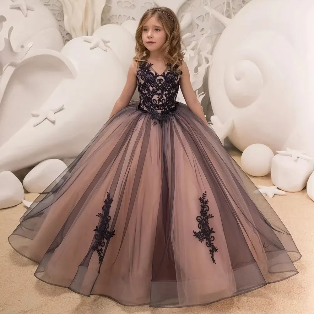 Long Sleeve Flower Girl Dress — White Lace Tulle First Communion & Bridesmaid Dress