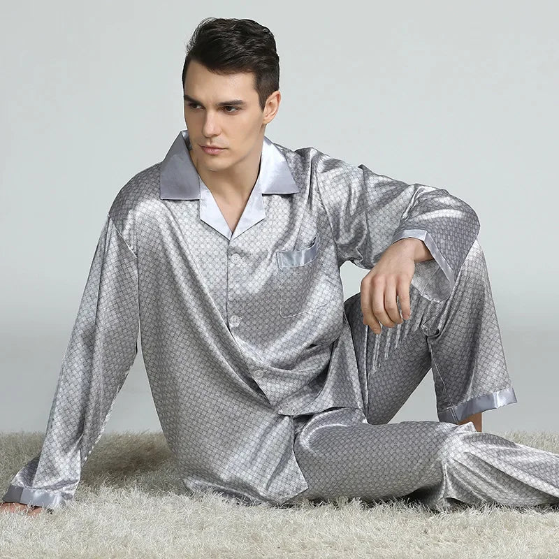 Men's Ice Silk Satin Pajama Set — Long Sleeve Top & Pants Sleepwear