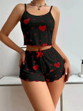 Women's Kawaii Y2K Lolita Heart Silk Pajama Set | Cami Top & Shorts Loungewear