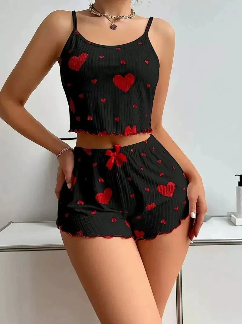 Women's Kawaii Y2K Lolita Heart Silk Pajama Set | Cami Top & Shorts Loungewear