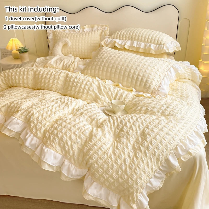 Korean Seersucker Lace Duvet Cover Set – 3-Piece Bedding, 3 Colors & 10 Sizes