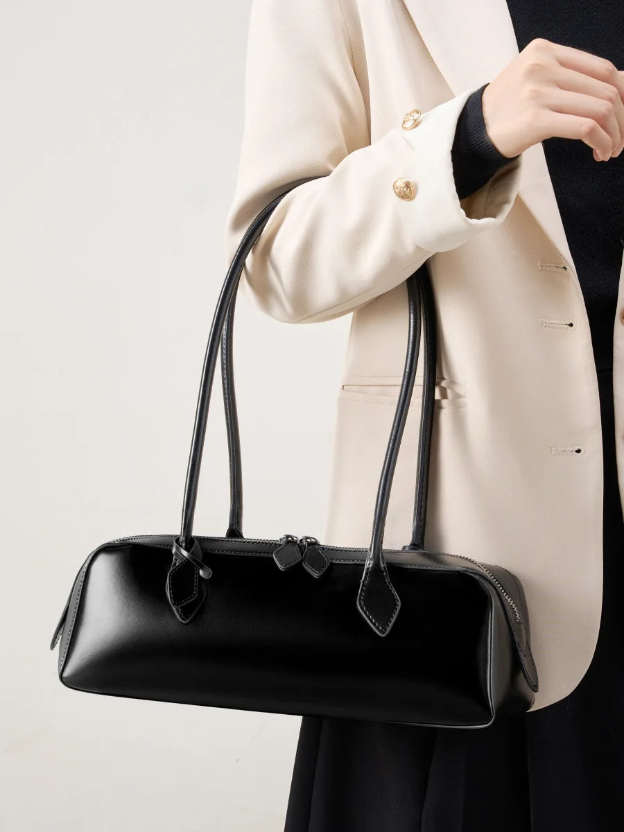 Vintage Genuine Leather Baguette Shoulder Bag – Korean Luxury Underarm Handbag for Women