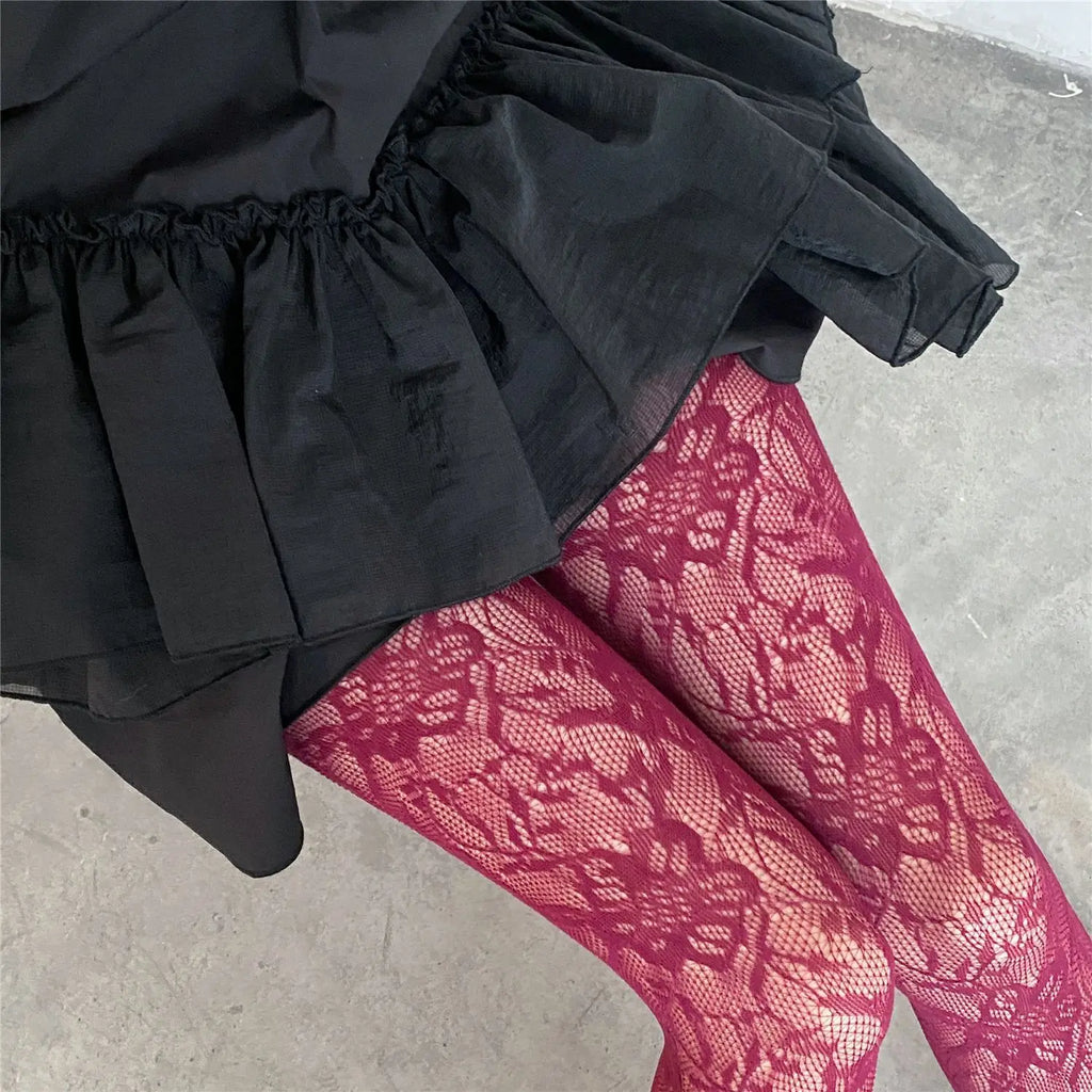 Lolita Floral Thigh-High Fishnet Stockings — Sheer Patterned Hosiery