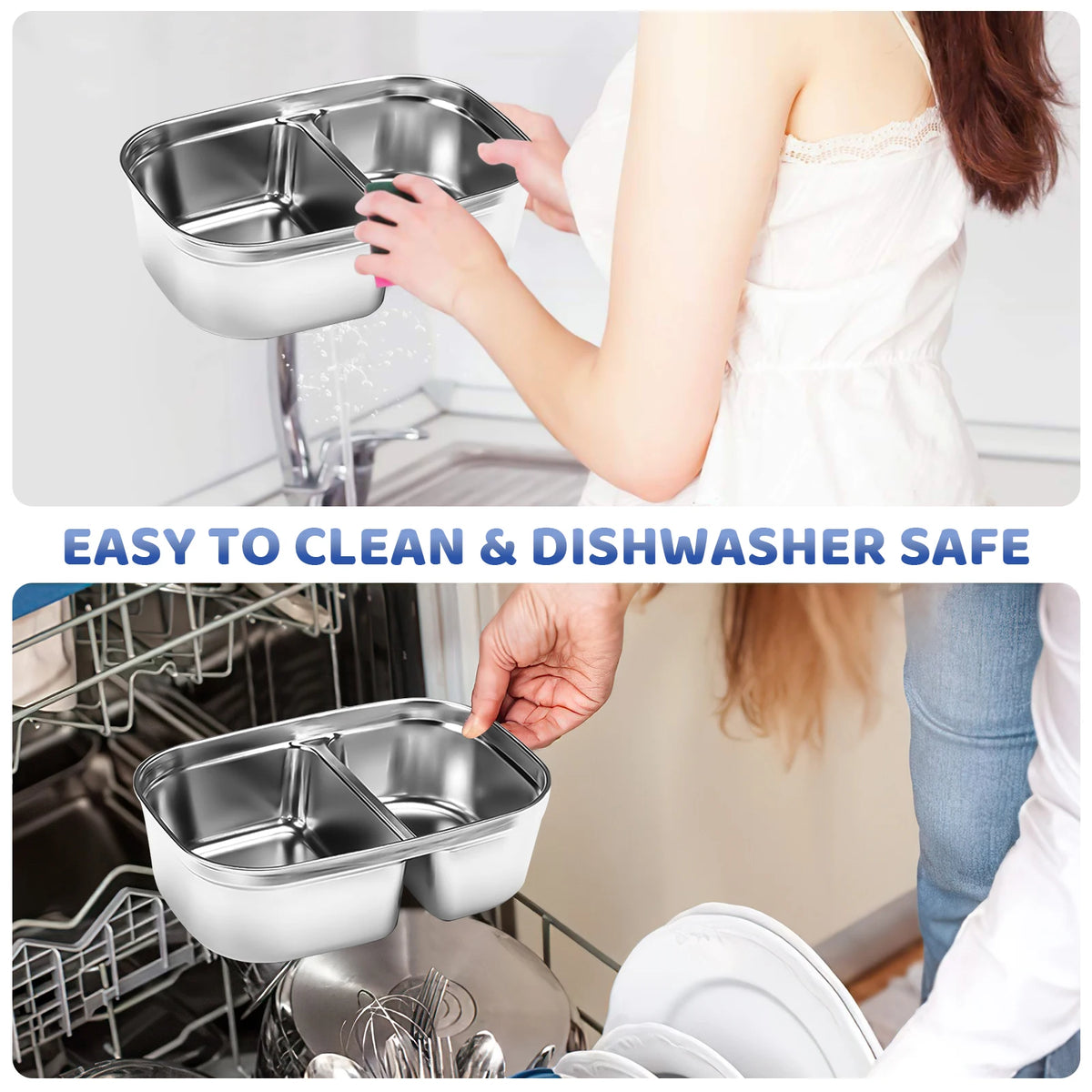Stainless steel kitchen sink compartment being held above a dishwasher with text 'Easy to clean & dishwasher safe'.