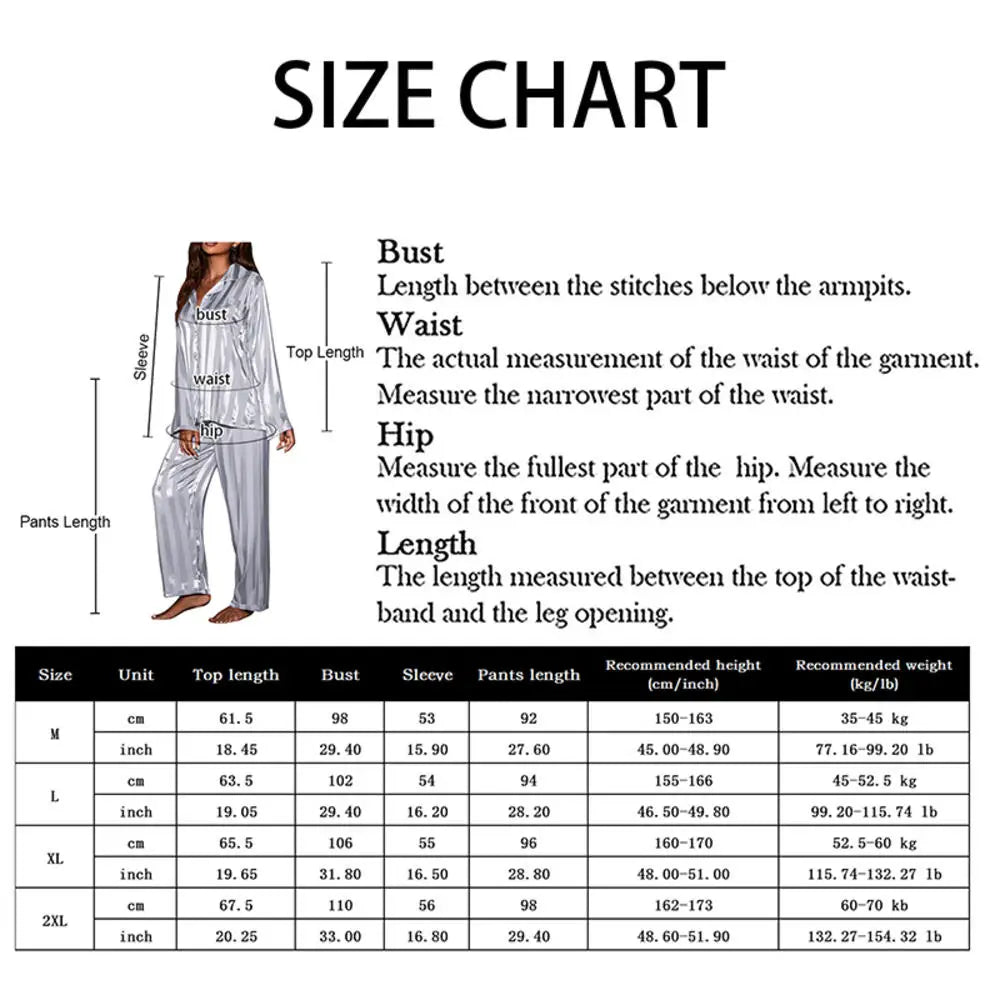 Women's Summer Striped Satin Pajama Set | Long Sleeve Top & Trousers Silk Homewear
