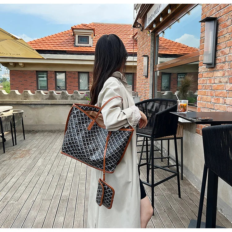 Embroidered Geometric PU Tote Shoulder Bag – Versatile Large Capacity Shopping Class Bag for Women