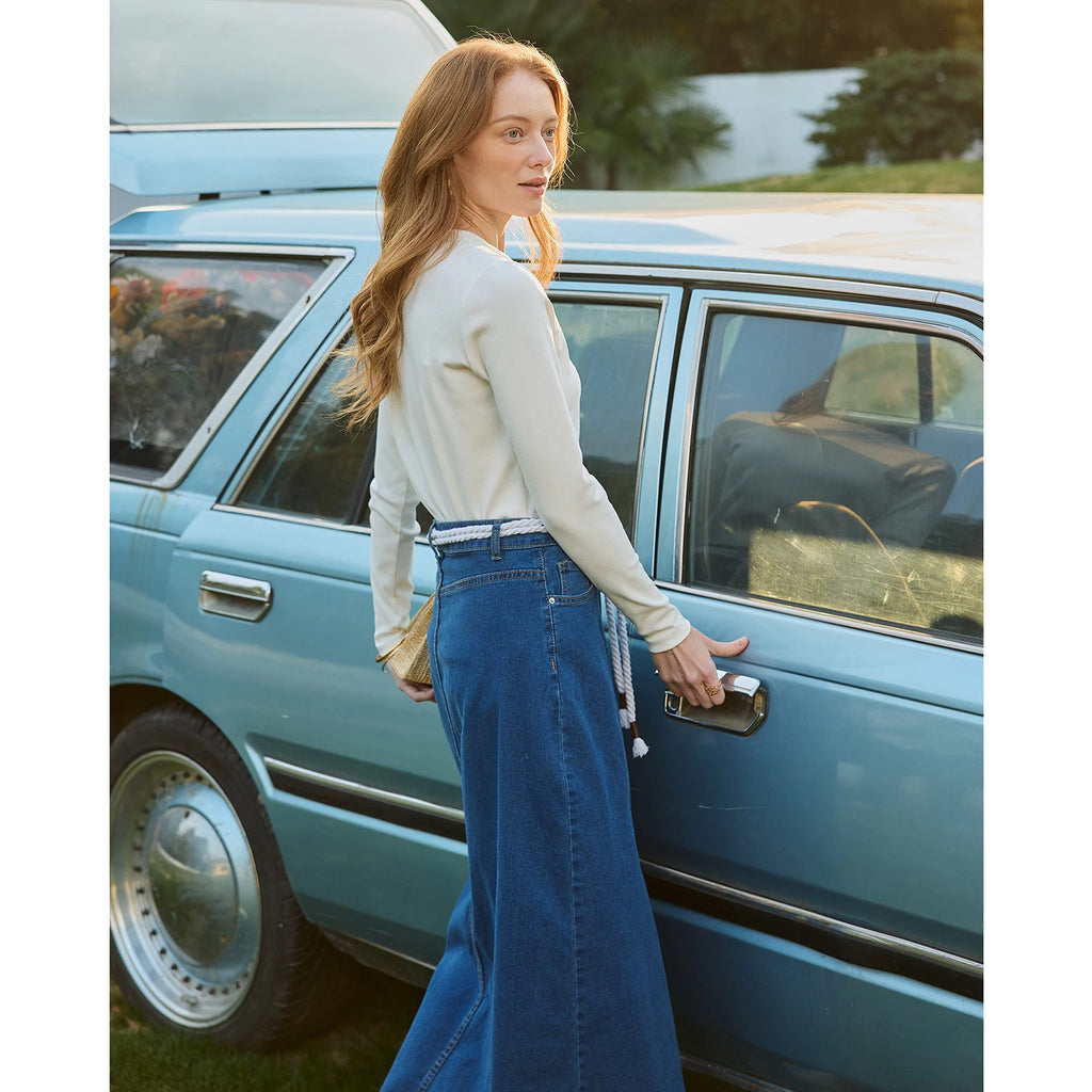 Women's Cotton Denim Skirt – Elegant Stripe & Solid A-Line Jean Skirt 2026
