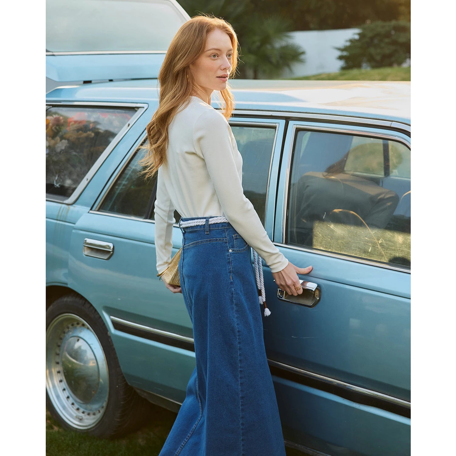 Women's Cotton Denim Skirt – Elegant Stripe & Solid A-Line Jean Skirt 2026
