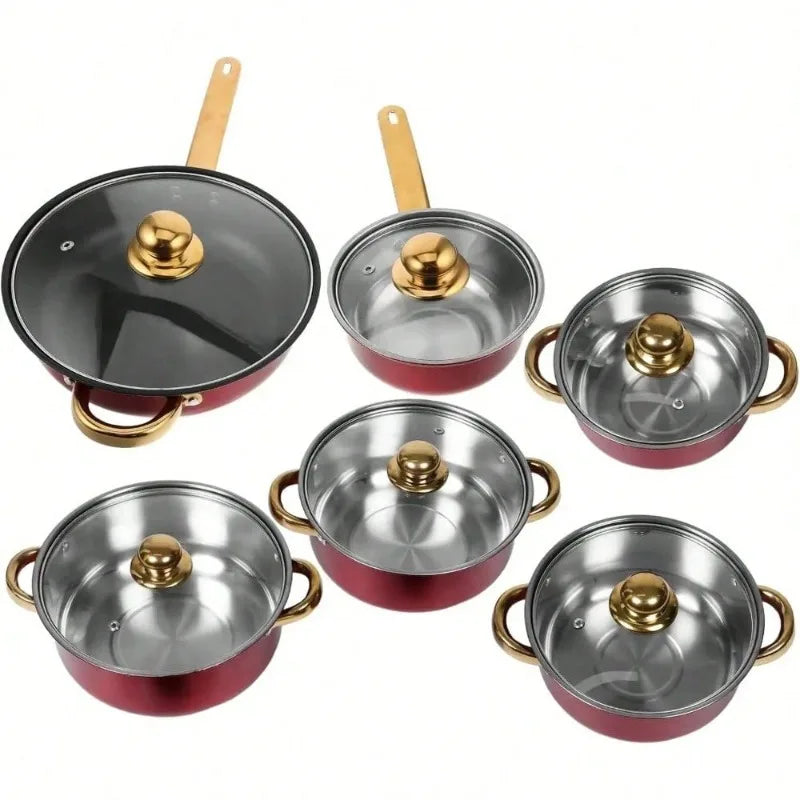 Nonstick Cookware Set – Wine Red with Gold Handles