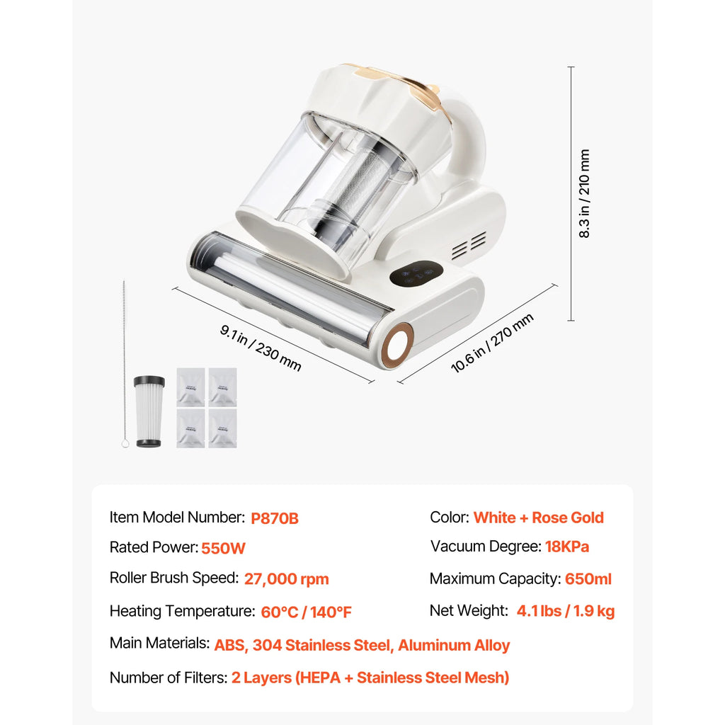 SucceBuy Mattress Vacuum Cleaner – 18Kpa Suction, Dual Dust Bin, HEPA Filter, Heating & Ultrasound