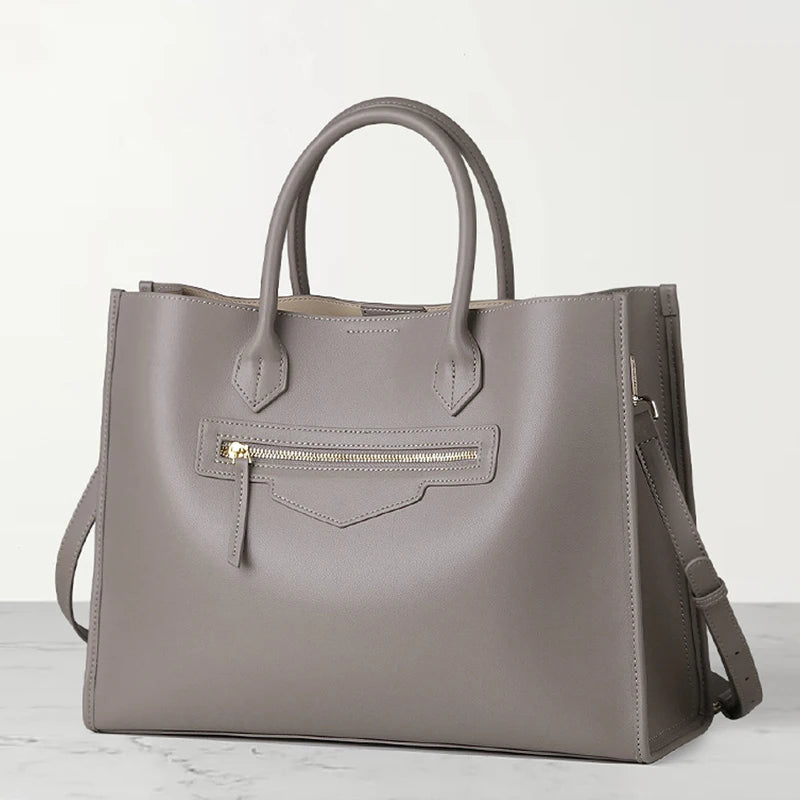 Luxury Cowhide Leather Tote Bag – Large Capacity Shoulder Bag with Laptop Compartment for Women