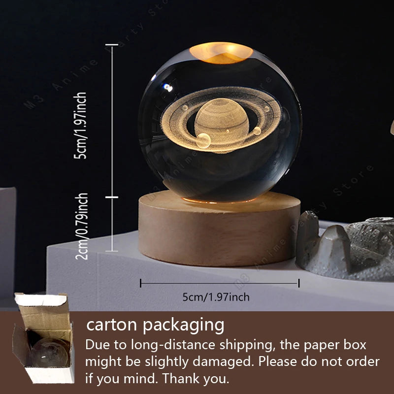 3D Crystal Ball Galaxy Night Light — LED Saturn Moon Lamp, Kids Birthday Gift