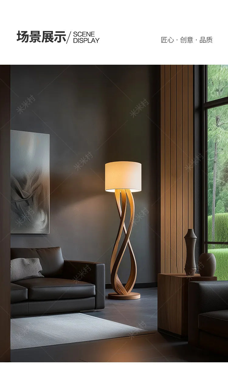 Wood Floor Lamp – Sculpted Base and Fabric Shade