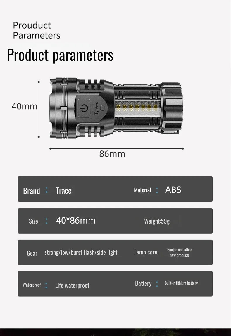 Mini LED Flashlight – USB Rechargeable, 10W, Adjustable Zoom, 100–200m, Waterproof Outdoor Torch
