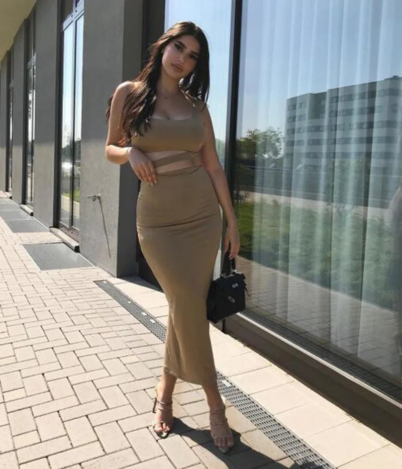 Sexy Pleated Hollow-Out Two-Piece Dress — Elegant Long Night Party Dress
