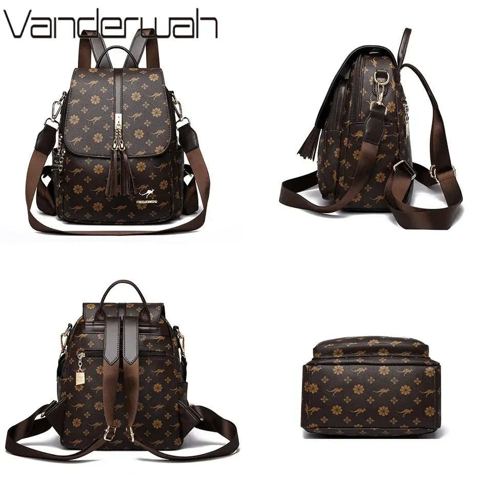 Women's Luxury Leather Backpack – Vintage Print Tassel Fashion Bag