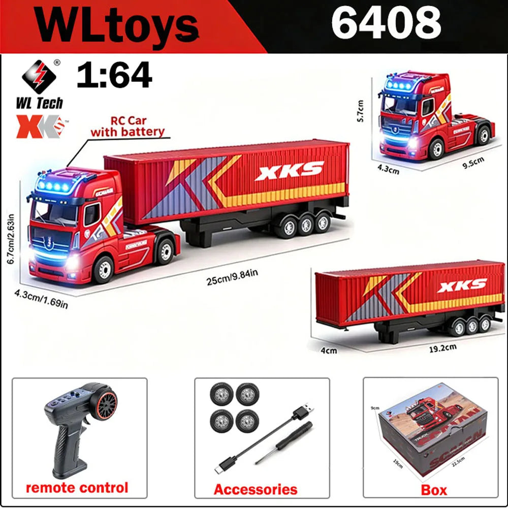 1:64 Mini Alloy RC Container Truck with Trailer – 4WD Drift Remote Control Tractor for Kids