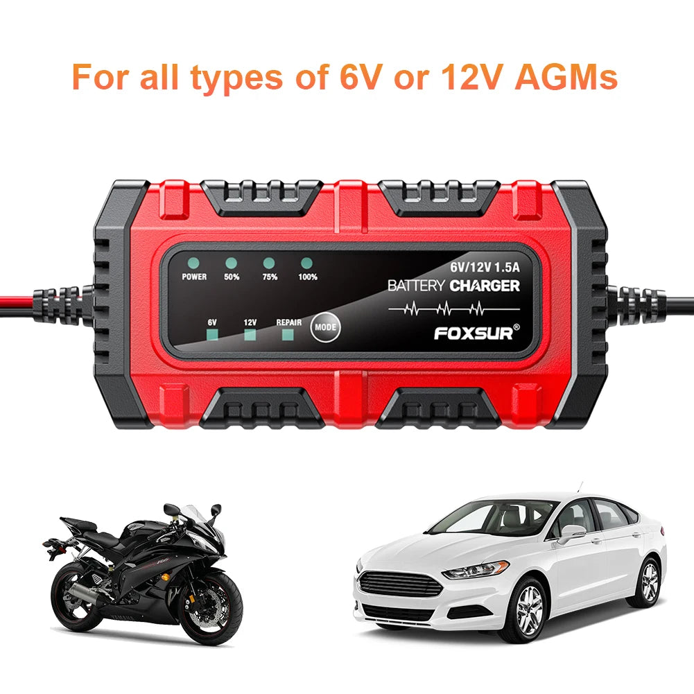 6V/12V 1.5A Smart Car & Motorcycle Battery Charger – Lead-Acid AGM GEL Charging Unit