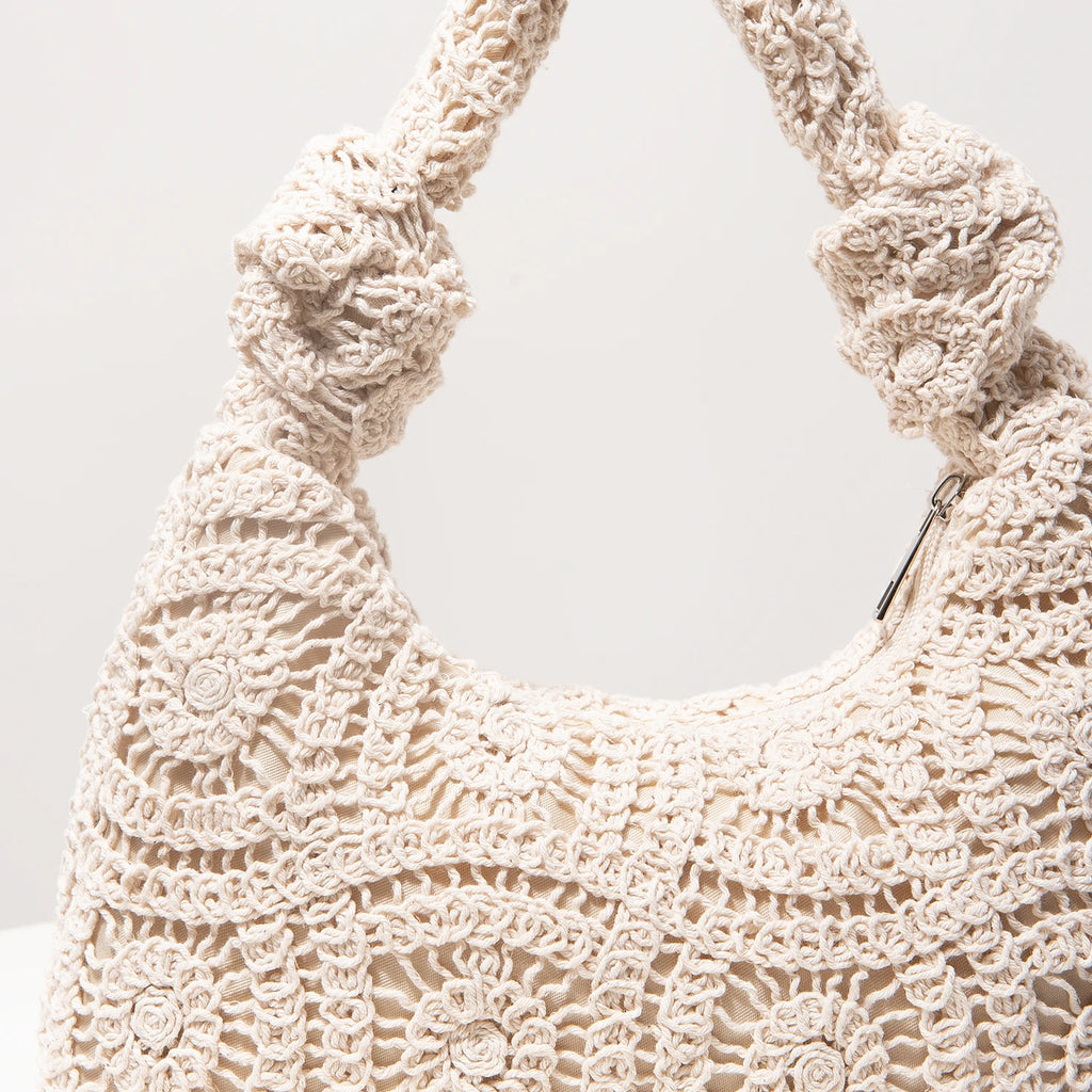 Boho Floral Half-Moon Beach Bag – Hollow-Out Polyester Shoulder Bag for Women