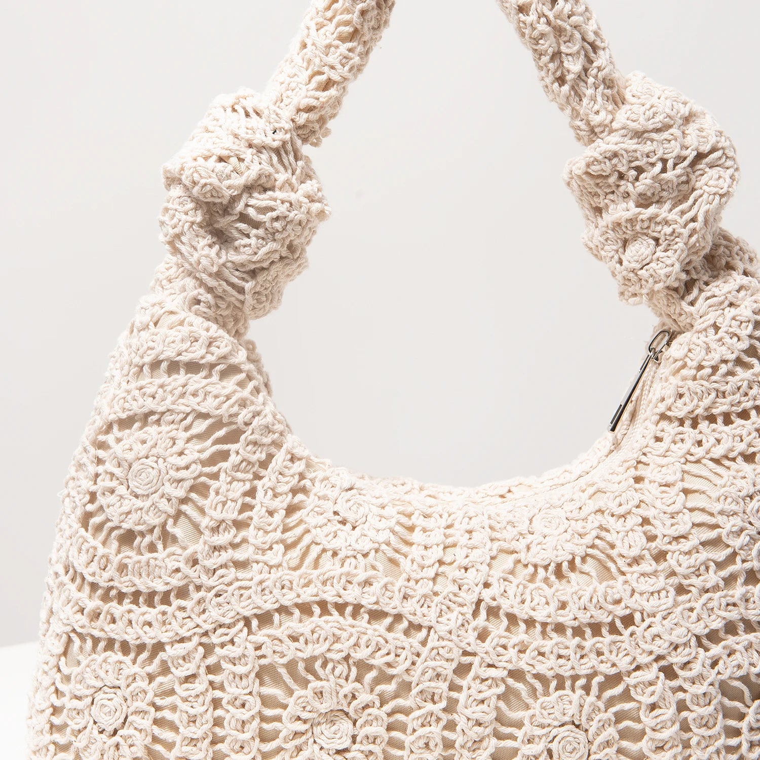 Boho Floral Half-Moon Beach Bag – Hollow-Out Polyester Shoulder Bag for Women