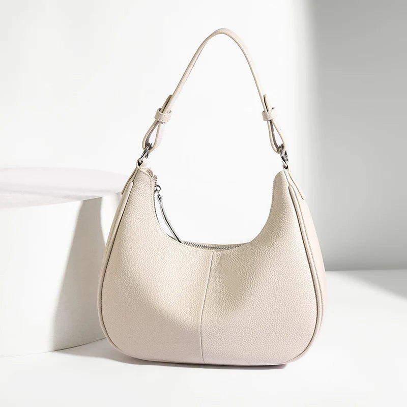 100% Genuine Cowhide Leather Half-Moon Underarm Tote Bag – Crossbody Shoulder Bag for Women