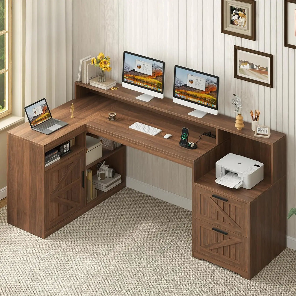 Farmhouse L-Shaped Desk with Drawers & Power Outlet — 62.2" Home Office Desk with Storage Shelves & Monitor Stand