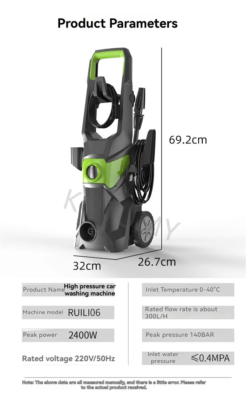 2400W High-Pressure Electric Car Washer – 140 Bar, 220V, Multiple Hose Lengths