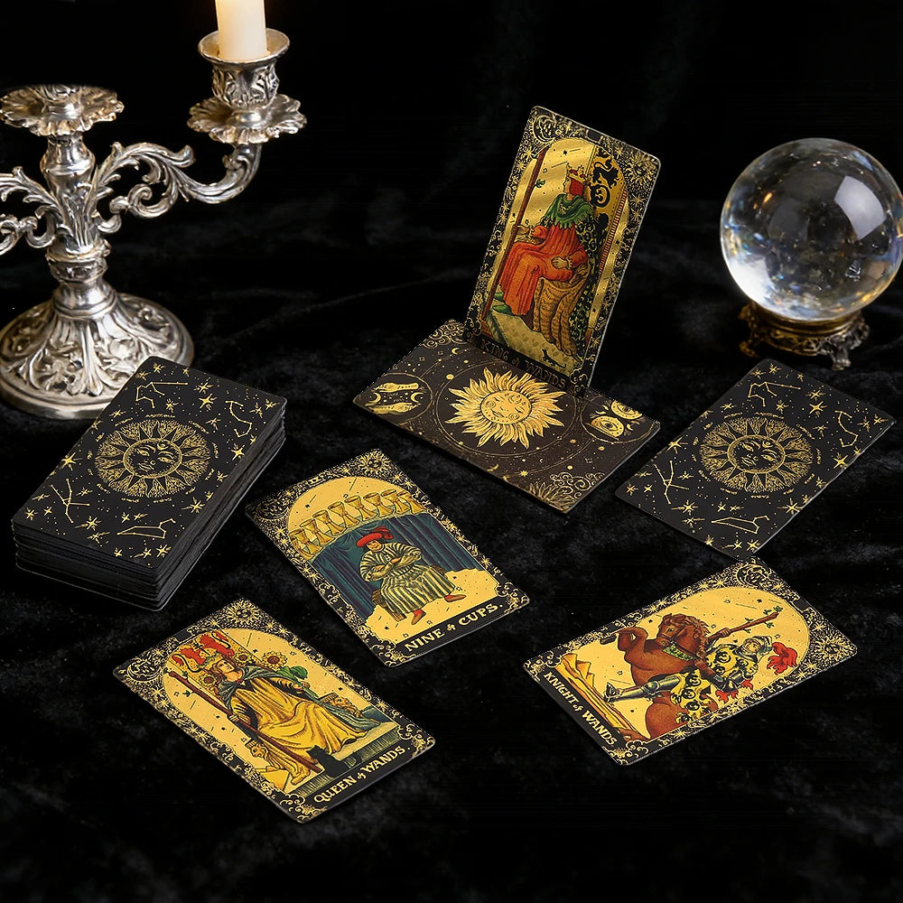 Golden Foil Tarot Cards Set – Luxe Finish with Wooden Card Stand for Beginners & Predictive Readings