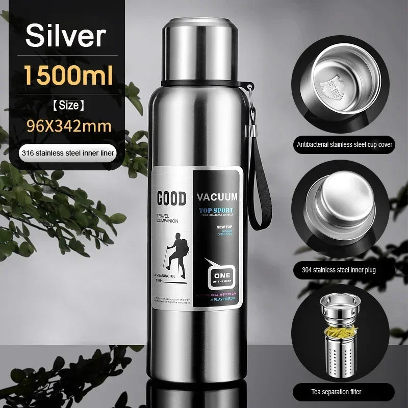 CZSAE 316 SS Vacuum Thermos Tumbler – Bullet Shape, 12–24Hr Insulated, 600ml–2000ml, Silver & Black, CE Certified