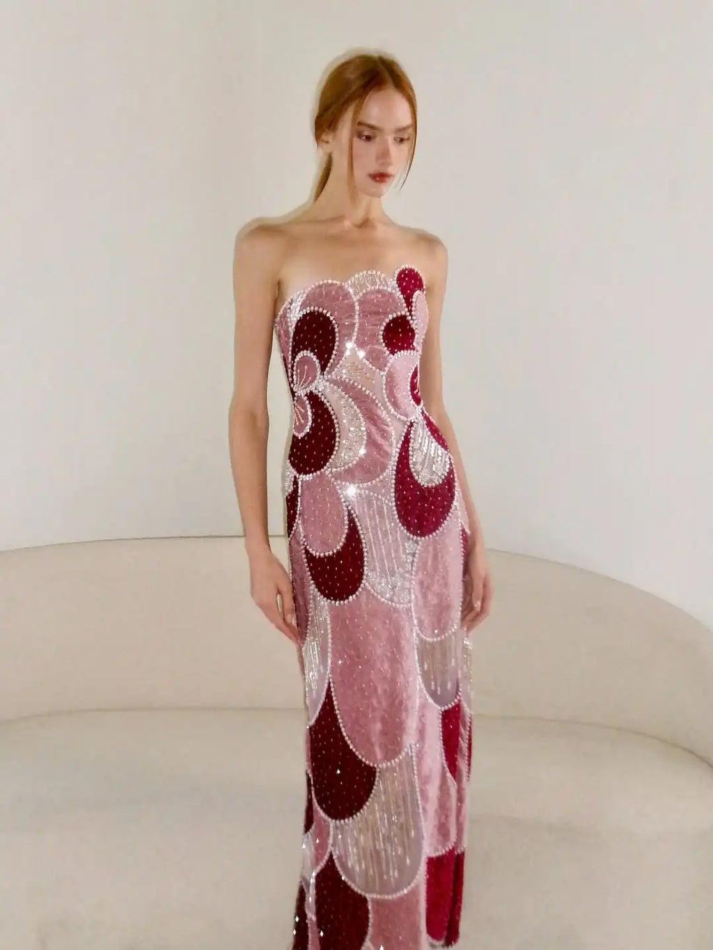 Dresses For Woman Cocktail Dress Pink Burgundy Strapless Abstract Floral Beaded Velvet Midi Gown  Vestidos De Fiesta Elegantes