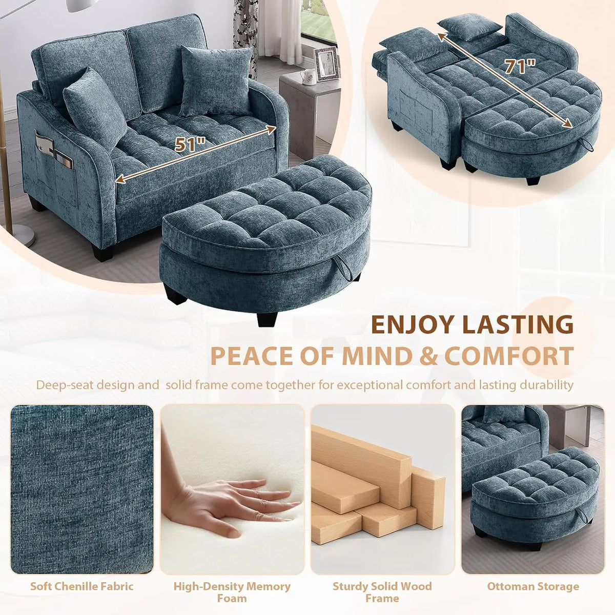 Chenille Reclining Chaise Lounge with Storage Ottoman