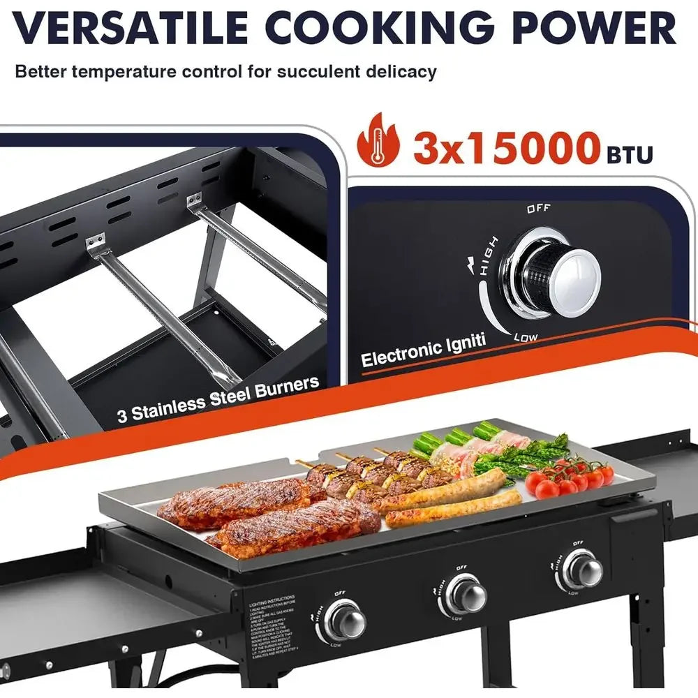 Portable Triple Burner Propane Griddle Grill | 45,000 BTU, 625 Sq. In. Flat Top, Adjustable Shelves, Rust-Resistant, Outdoor BBQ & Griddle