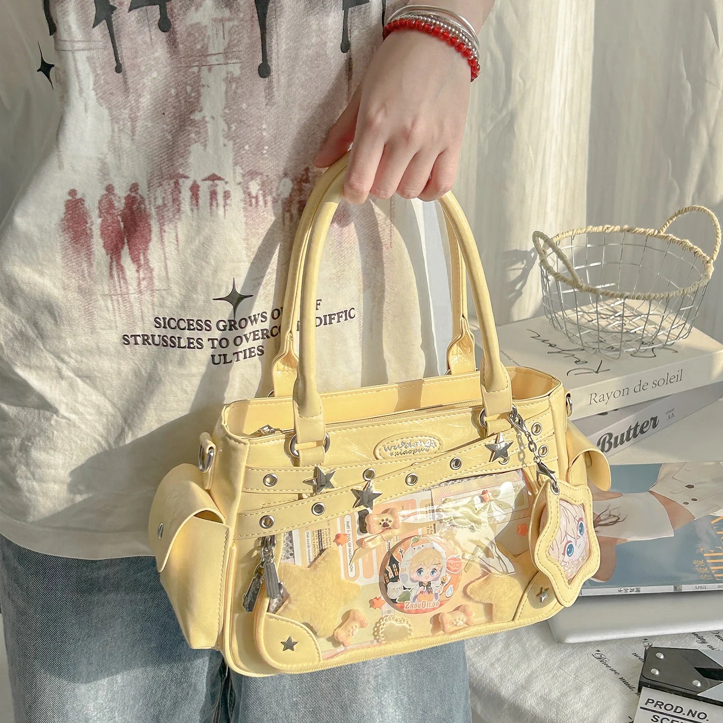 Miyagawa Transparent Rivet PU Tote Bag – Multi-Function Crossbody Shoulder Handbag for Women