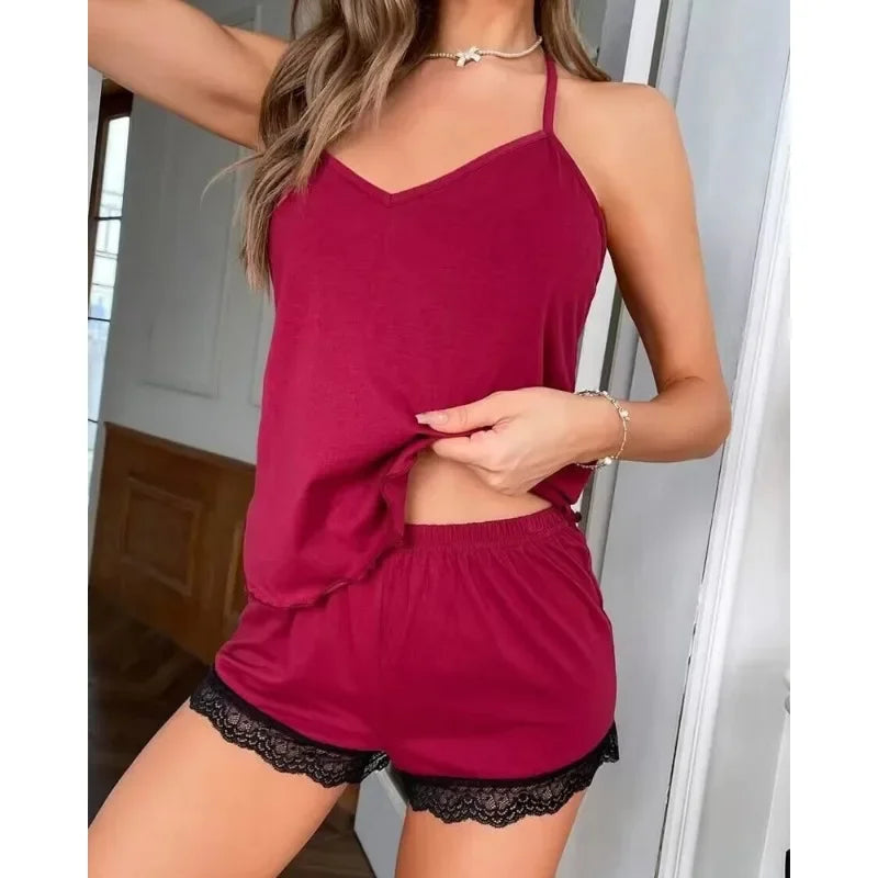 Solid Lace Backless Pajama Set — Sleeveless V-Neck 2-Piece Sleepwear
