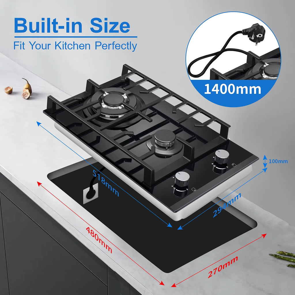 EU Certified 2-Burner Gas Hob – 30cm Tempered Glass, Dual Fuel NG/LPG, 5200W, Flame Failure Safety, Black