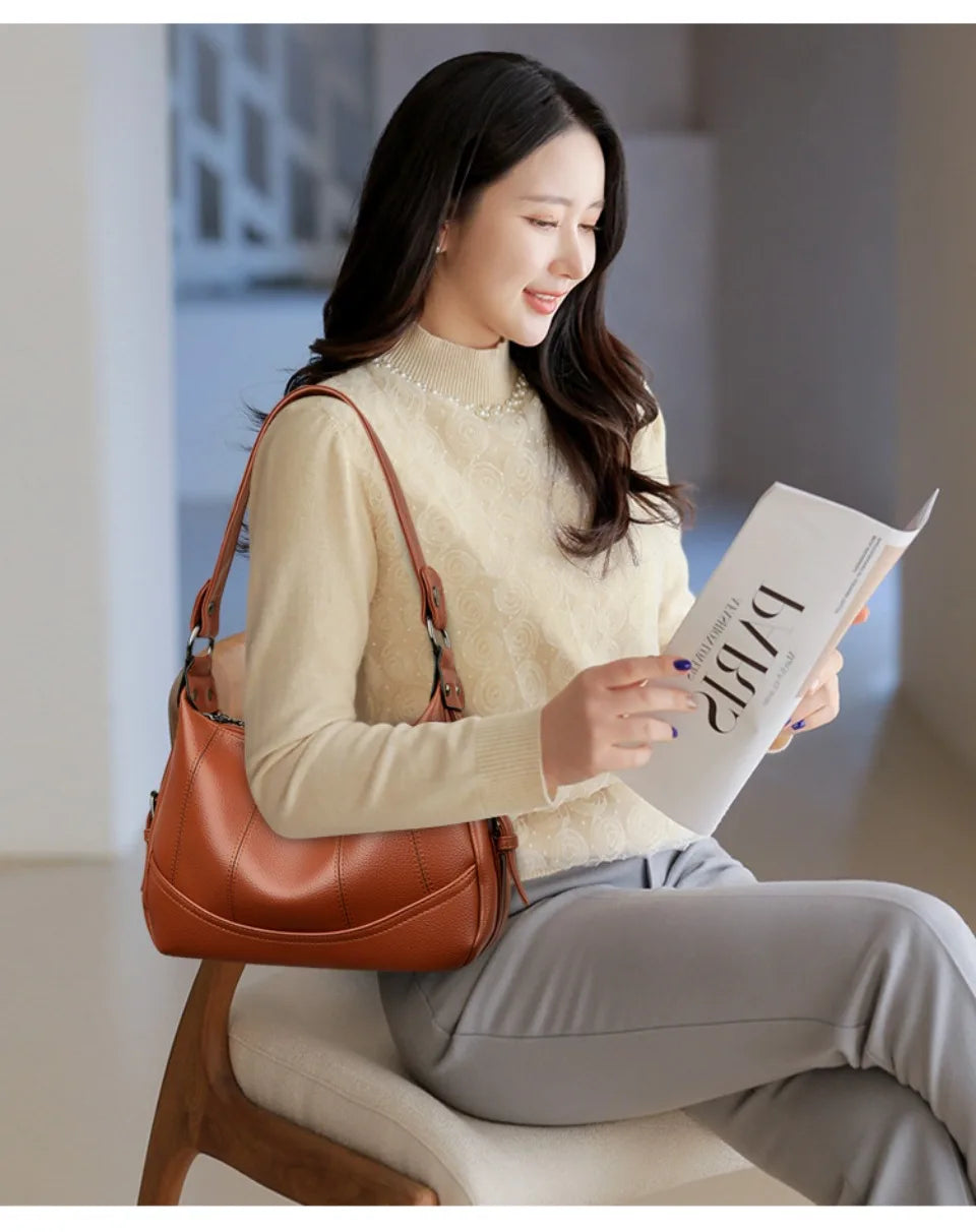 VANDERWAH Genuine Leather Two-Layer Flap Shoulder Bag – Luxury Crossbody Messenger Handbag for Women