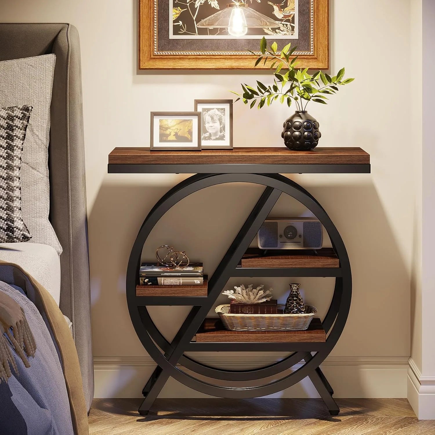 3-Tier Narrow End Table with Storage — Wood & Geometric Metal Frame