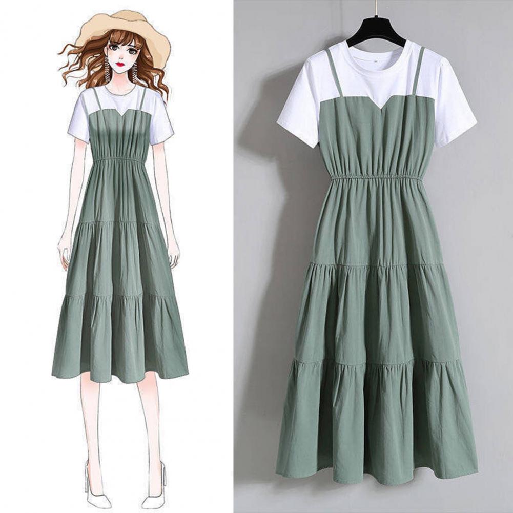 Women's Fake Two-Piece Color Block Summer Dress – Short Sleeve Waist Tight Strap Dress