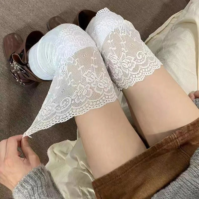 Women's Lace Thigh-High Stockings – Thick Cotton Blend