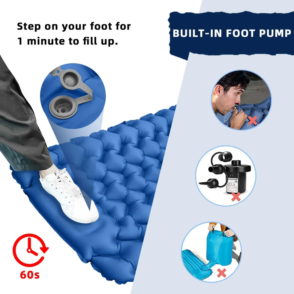 Camping Inflatable Sleeping Pad with Pillow – Ultralight Folding Air Cushion Mat for Hiking & Trekking