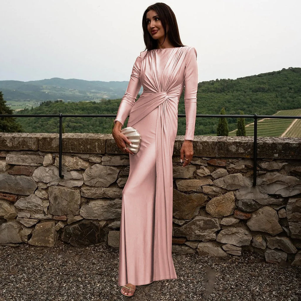 Women's Elegant Wedding Party Dress Female Clothing O-neck Long Sleeve Ruched High Waist Bodycon Long Maxi Evening Prom Dresses