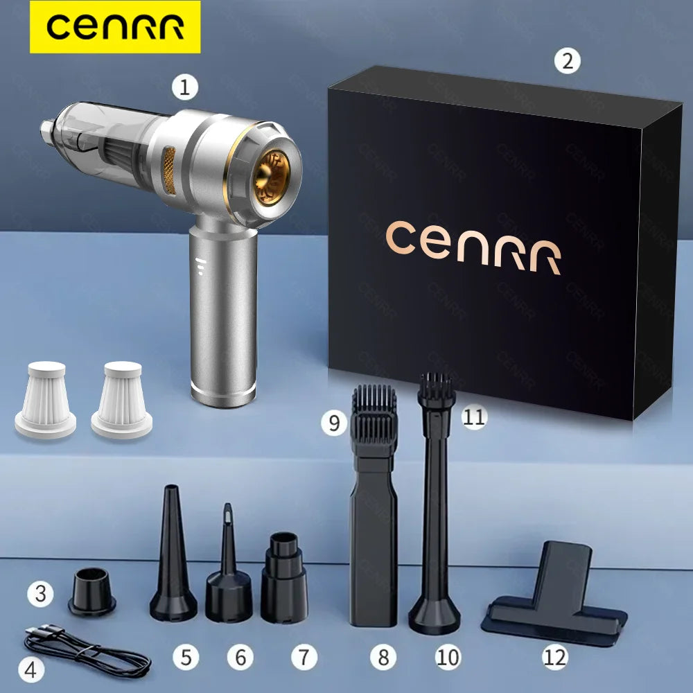 CENRR Wireless Car Vacuum Cleaner — 3-Gear Brushless Motor, 6000mAh, 9 Accessories, USB-C Charging