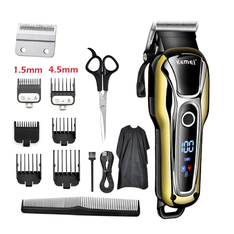 Kemei KM-1990 Professional Hair Clipper – LCD Display, 120-Min Battery, Almighty Grooming Set