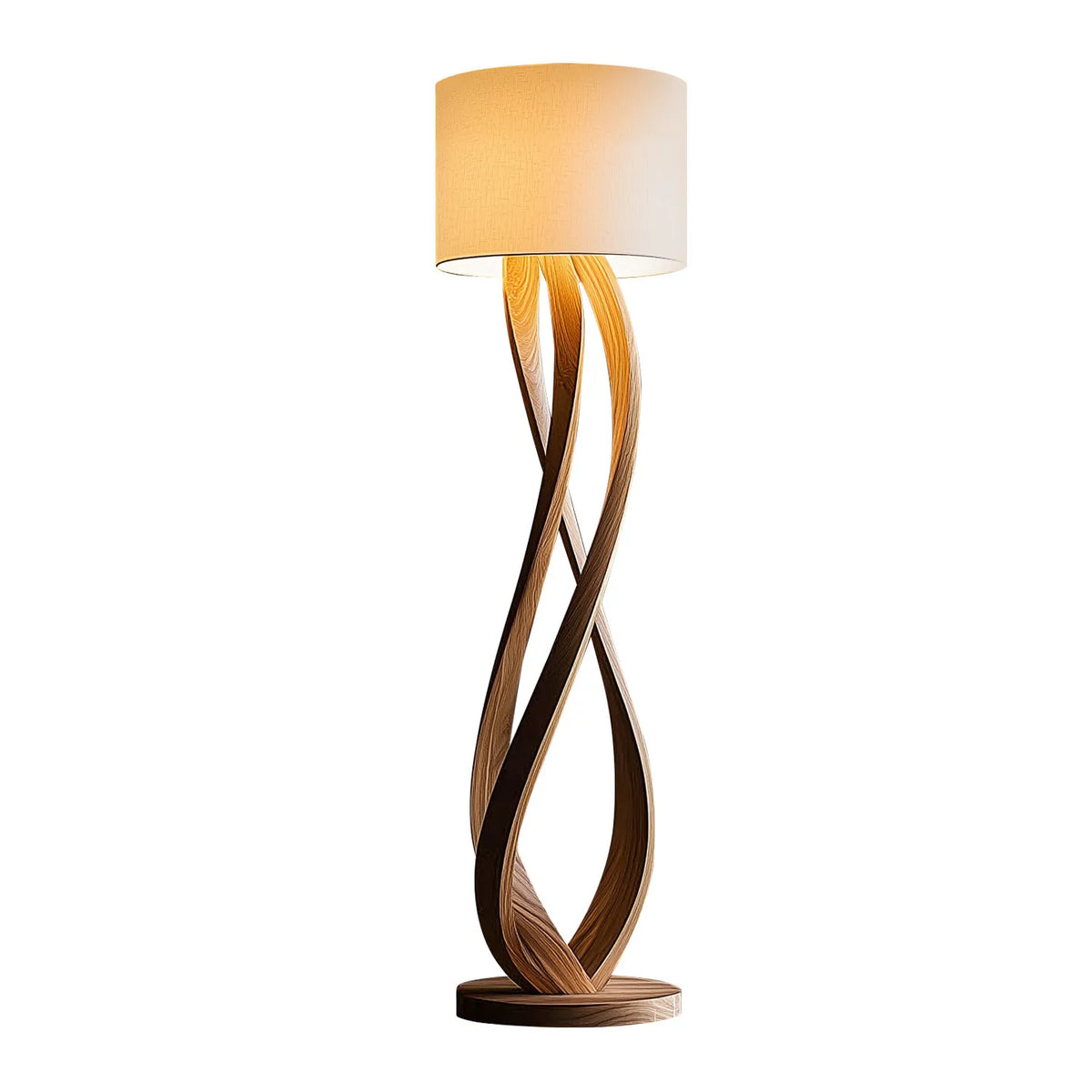 Wood Floor Lamp – Sculpted Base and Fabric Shade