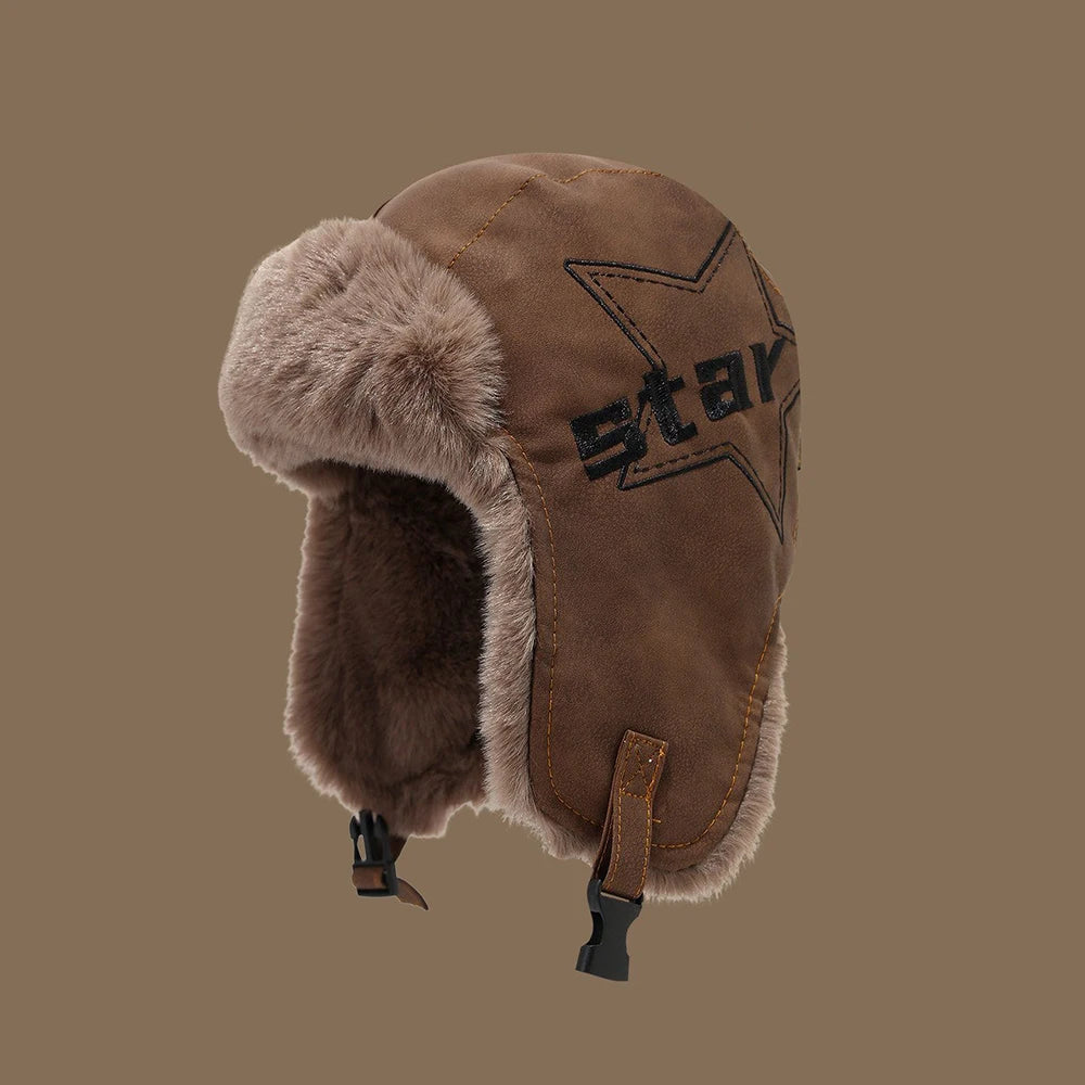 Faux Leather Trapper Hat with Plush Lining and Ear Flaps