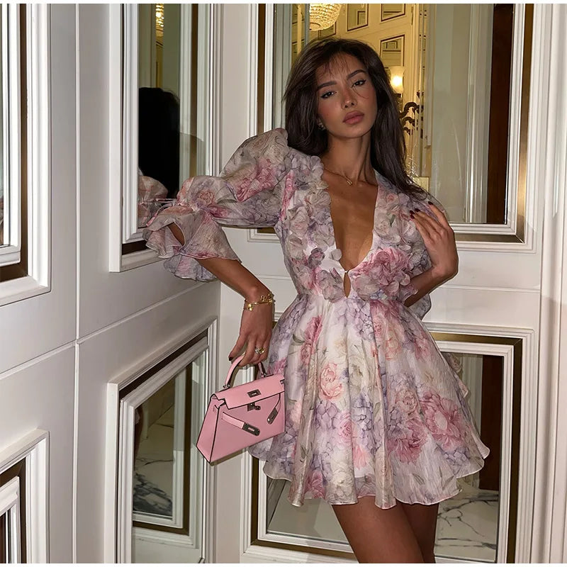 Tie-Dye 3D Flower Mini Dress — Deep V-Neck Flare Sleeve Holiday Dress