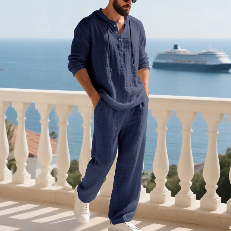 Men's Linen Casual Loose Hooded Henley Shirt & Long Pants Set – Relaxed Autumn 2-Piece Suit