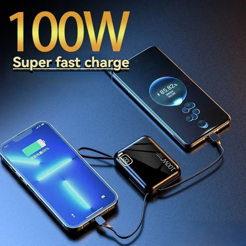 66W Portable Mini Power Bank 20000mAh – Built-in Cable, PD Fast Charging for iPhone & Android