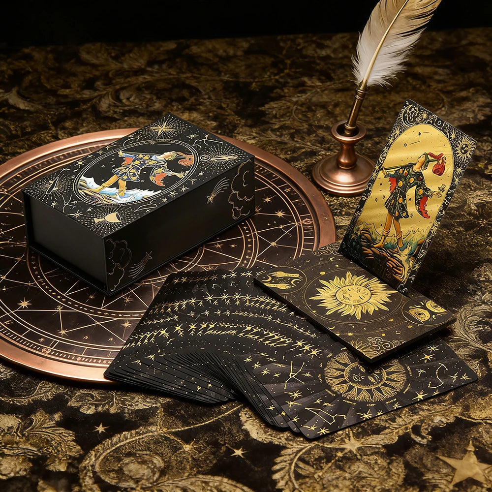 Golden Foil Tarot Cards Set – Luxe Finish with Wooden Card Stand for Beginners & Predictive Readings