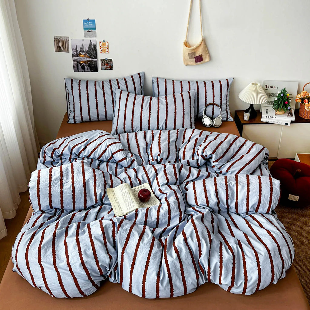 Pink Striped Duvet Cover Set – 3-Piece Soft Washed Cotton Bedding for Girls, 150x200cm